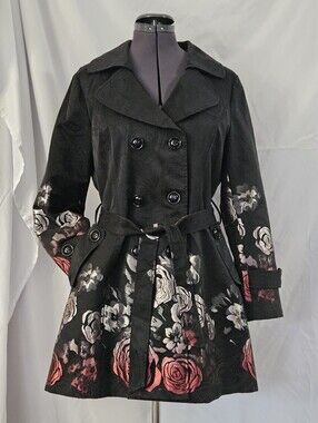 Ladies, Floral Embroidered, Double-Breasted Trench Coat.